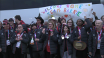 Special Olympics athletes celebrate their return home in Barrie, Ont. on Sun. March 3, 2024. (Mike Lang/CTV News)