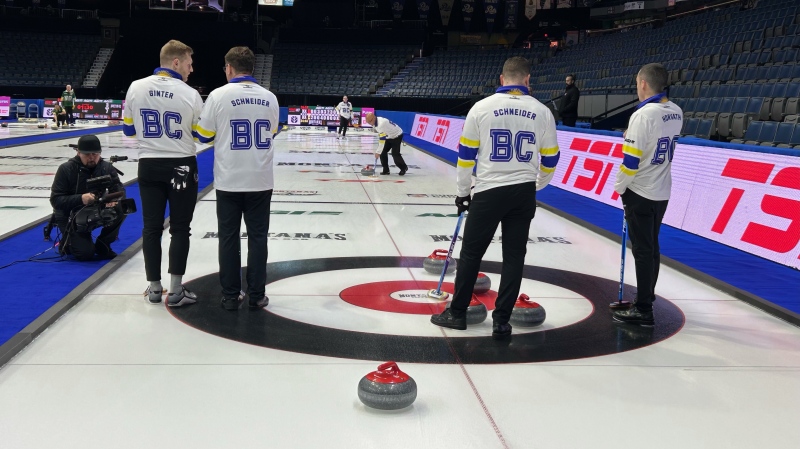 Team B.C. at the 2024 Montana's Brier in Regina. Skip Catlin Schneider, originally hailing from Kronau, Sask. said he's excited to curling on home turf. (Brit Dort/CTV News)