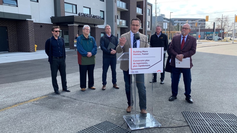 Liberal MP for Windsor-Tecumseh Irek Kusmierczyk makes a housing announcement in Tecumseh, Ont., on Monday, March 4, 2024.