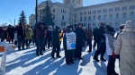 Teachers picket in front of the Saskatchewan Legislative Building on March 4, 2024. (Cole Davenport/CTV News)
