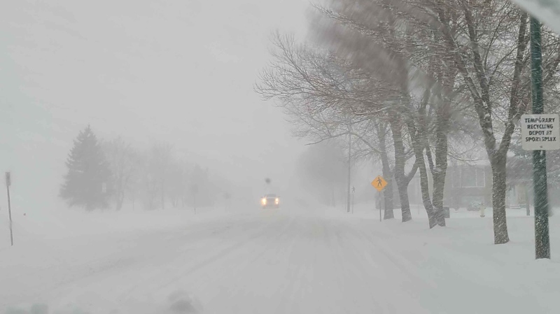 A road in Brandon is pictured on March 3, 2024 as a snowstorm ramped up in the area. (Mandi Grayston/Westman Storm Chasers)