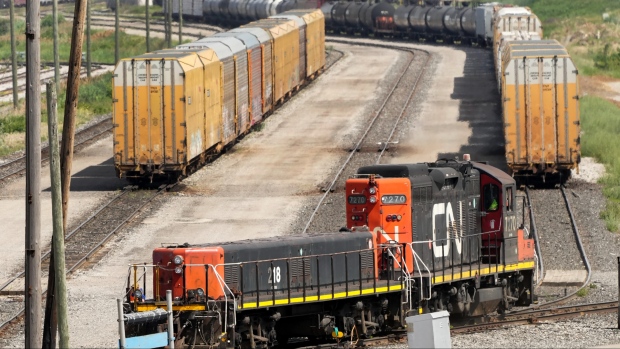 CN rail trains are shown in Vaughan, Ont., on Monday, June 20, 2022. (The Canadian Press/Nathan Denette)