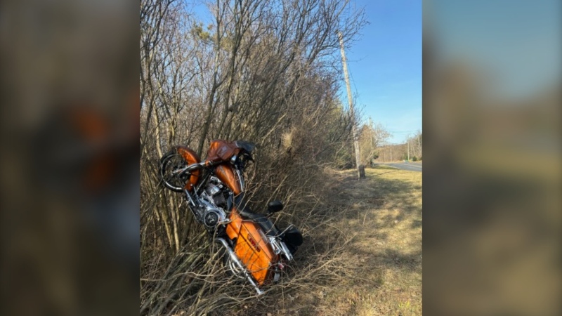 The driver of a motorcycle was treated for minor injuries following a crash in Brant County. March 4, 2024. (Source: OPP/X)