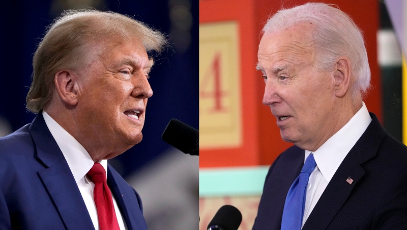 This combination photo shows Republican former U.S. President Donald Trump, left, during a rally Nov. 18, 2023, in Fort Dodge, Iowa and President Joe Biden during a Hanukkah reception in the White House in Washington, Dec. 11, 2023. (AP Photo) 