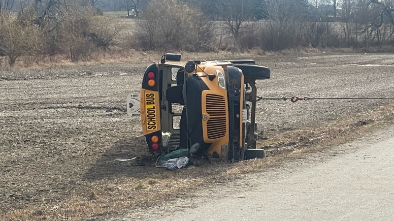 A single-vehicle crash involving a school bus, south of Woodstock on March 5, 2024. (Gerry Dewan/CTV News London)