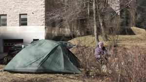 Homeless person living in a tent in Montreal.