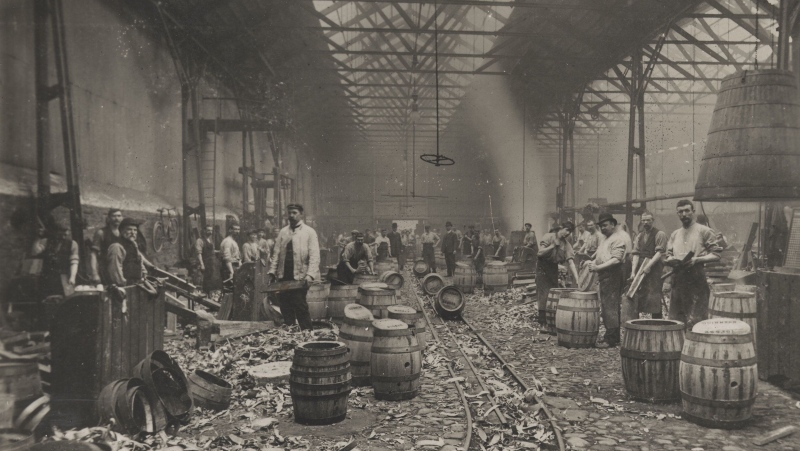 This image from the Guinness Archive shows the cooperage at St. James's Gate Brewery in Dublin in 1890. (Courtesy Guinness Archive, Diageo Ireland via CNN)