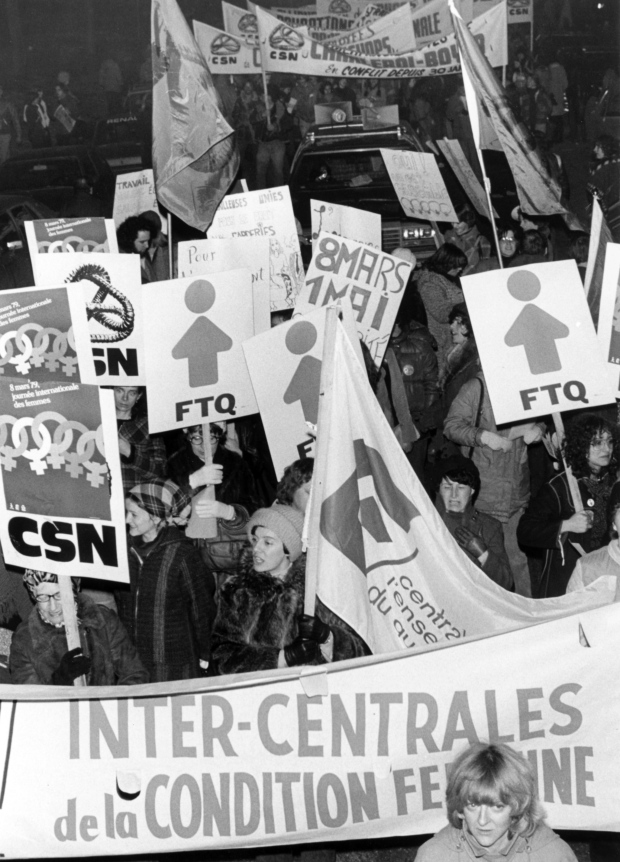 Some 4-6,000 women seen during a demonstration march sponsored by three Quebec labour organizations as part of Women's Day, Montreal, Que., March 8, 1979. The demonstration sought maternity benefits, 24-hour childcare centres, equal pay and free abortions in what appeared to be the largest women's demonstration in the province. (UPC, The Canadian Press)