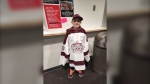 Brantley Lamb wearing his signed Wynyard Monarchs jersey on Feb. 25, 2024. The young hockey fan battling leukemia was honoured at home game between the Monarchs and Foam Lake Flyers. (Courtesy: Peyton Madigan)
