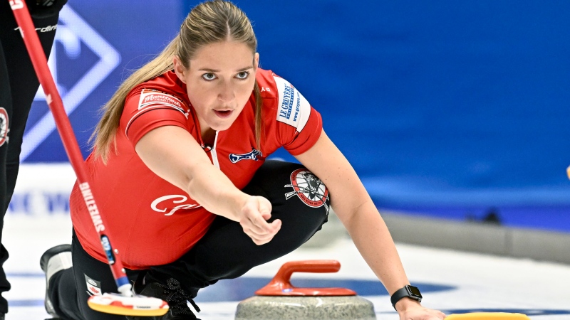 Canada's Briane Harris releases a rock during the bronze medal match between Canada and Sweden of the LGT World Women's Curling Championship at Goransson Arena in Sandviken, Sweden, Sunday, March 26, 2023. Harris was ineligible to compete in the national women's championship because she tested positive for a banned substance. (THE CANADIAN PRESS/AP-Jonas Ekstromer/TT News Agency via AP)