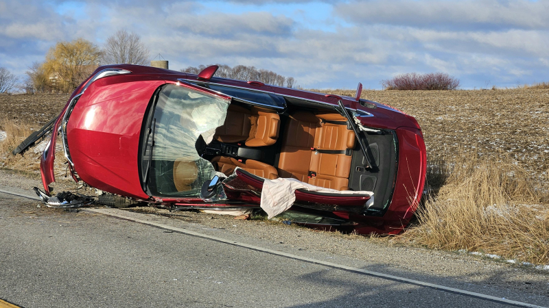 Oxford County OPP charged the driver of a vehicle involved in a single-vehicle rollover on Sweaburg Road on March 11, 2024. (Source: OPP) 