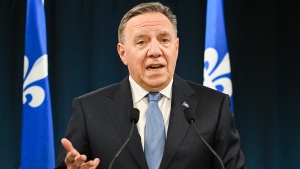Quebec Premier François Legault speaks to the media in Montreal, Thursday, Feb. 29, 2024. (THE CANADIAN PRESS/Graham Hughes)