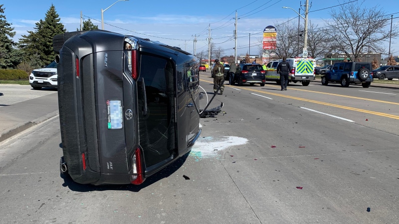 A two-vehicle collision and rollover shut down a section of Walker Road at Plaza Access Road in Windsor, Ont. on March 16, 2024. (Sanjay Maru/CTV News Windsor) 