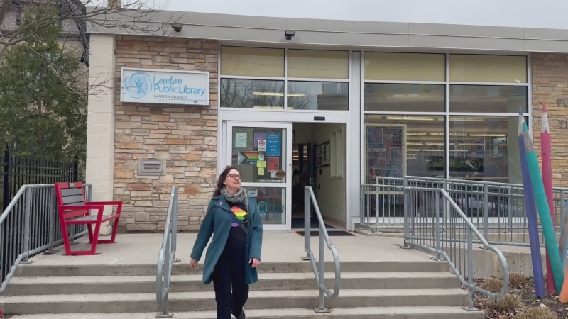 Wortley Village residents will gather at the Landon Branch Library, located at 167 Wortley Rd. in London, Ont. on March 16, 2024, to write chalk messages of support for the LGBTQ2S+ community. (Amandalina Letterio/CTV News London)
