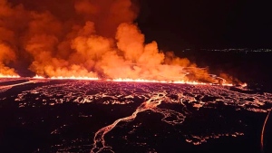 This image provided by Iceland Civil Defense shows lava erupting from a volcano between Hagafell and Stóri-Skógfell, Iceland, on on Saturday, March 16, 2024. (Iceland Civil Defense via AP)
