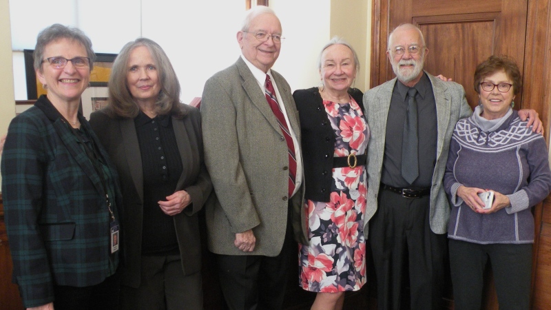 Dr. Fern Desjardins, St. Agatha; (left to right) Cathie Pelletier, Allagash; Richard L'Heureux, Sanford native and Topsham resident; Cecile Thornton, Lewiston; Denis Ledoux, of Lewiston and Lisbon; and previous Hall of Fame inductee Doris Bonneau attend a Francophonie Day event at the Maine State House in Augusta, Maine on Tuesday, March 12, 2024 in a handout photo. (Juliana L'Heureux / Handout)