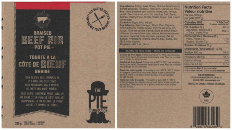 A recall has been issued for The Pie Commission's Braised Beef Rib Pot Pie in Ontario. (CFIA)