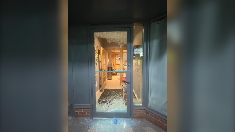 The front door of a dental clinic in Kitchener was shattered during a break-in on March 8, 2024. (Submitted)