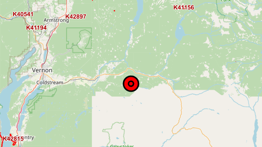 A BC Wildfire Service map shows the approximate location of a wildfire burning near Lumby, B.C. on Sunday, March 17. 
