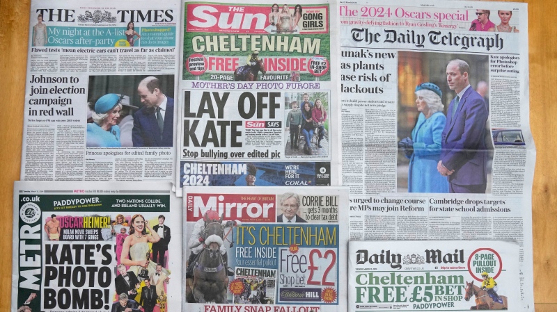 A montage of some of the front pages of Britain's newspapers, in London, Tuesday, March 12, 2024 (Kirsty Wigglesworth / AP Photo)