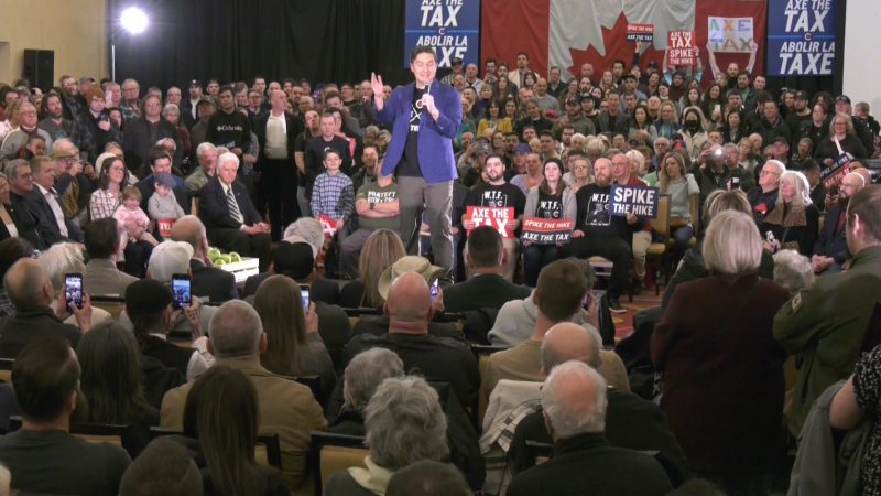 Conservative Party of Canada Leader Pierre Poilievre speaks at an "Axe the Tax" rally in Halifax on March 17, 2024. (CTV News) 