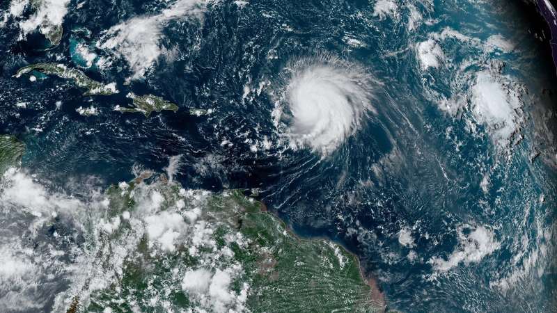 Hurricane Lee crosses the Atlantic Ocean as it moves west on September 8, 2023. (NOAA/Handout/Getty Images via CNN Newsource)