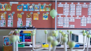 A classroom is seen in an elementary school in Longueuil, Que., Monday, March 11, 2024. (Christinne Muschi, The Canadian Press)