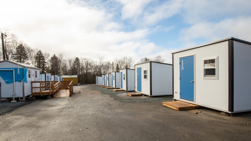 A pallet house camp is shown in Lower Sackville, N.S. on Wednesday, March 13, 2024. (Source: THE CANADIAN PRESS/Kelly Clark)