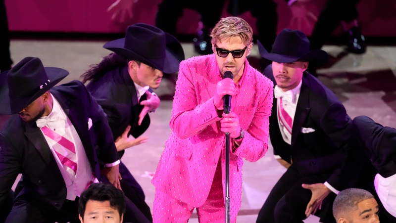 Ryan Gosling performs the song "I'm Just Ken" from the movie "Barbie" during the Oscars on Sunday, March 10, 2024, at the Dolby Theatre in Los Angeles. (AP Photo/Chris Pizzello)