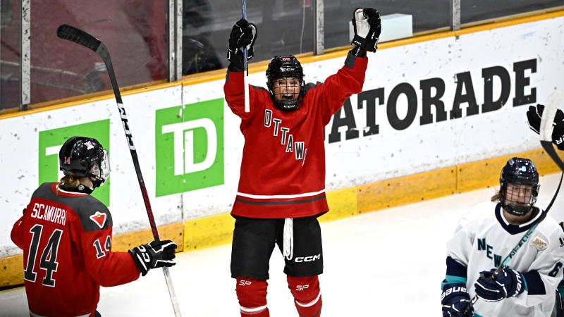 Ottawa's Lexie Adzija (88) celebrates her goal against New York during third period PWHL hockey action in Ottawa, on Sunday, Feb. 4, 2024. (Justin Tang/THE CANADIAN PRESS)