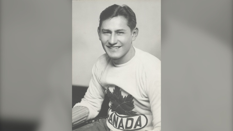 Kenneth Strath Moore is seen in his 1932 Team Canada sweater, the team he won Olympic gold with in 1932 in Lake Placid. (Submitted by Jennifer Moore Rattray)