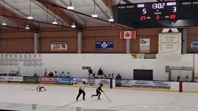 A young hockey player was sent to hospital Friday because he was struck with a stick during a game in Courtenay, B.C. (Submitted) 