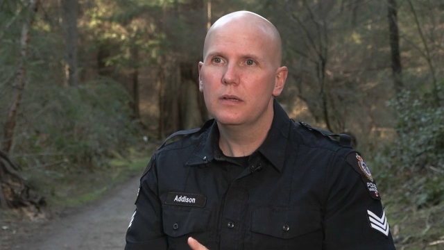 Vancouver police spokesperson Sgt. Steve Addison speaks to reporters about a sexual assault in Stanley Park on March 18, 2024. 