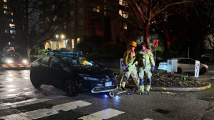 The aftermath of an accident at the Nelson and Jervis intersection on Jan. 25, 2024, after a car hit an electric scooter (Image credit: Dan Crich)