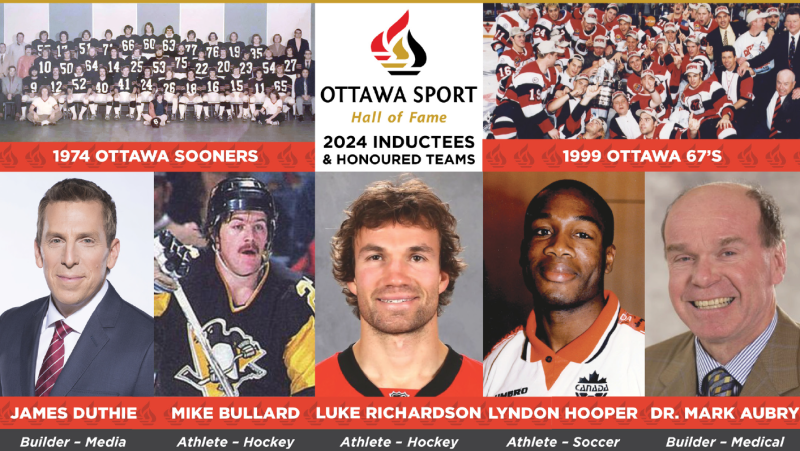 James Duthie, Mike Bullard, Luke Richardson, Lyndon Hooper and Dr. Mark Aubry are the 2024 inductees into the Ottawa Sport Hall of Fame. (Ottawa Sport Hall of Fame/release)