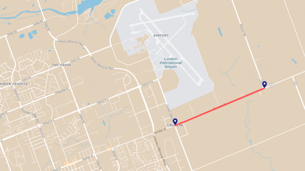 Eastbound and westbound lanes of Dundas Street are closed between Nissouri Road and Crumlin Sideroad. March 19, 2024. (Source: Google)