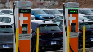 A pair of Chargepoint electric vehicle chargers stand available at a Volkswagen dealership Sunday, March 17, 2024, in Denver (David Zalubowski / AP Photo)