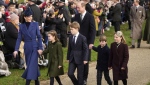 Kate, Princess of Wales, Princess Charlotte, Prince George, William, the Prince of Wales, Prince Louis and Mia Tindall arrive to attend the Christmas day service on Dec. 25, 2023. (AP Photo/Kin Cheung, File)