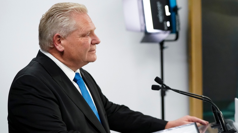 Ontario Premier Doug Ford speaks during a press conference regarding housing development in the Greater Toronto Area at Toronto City Hall, in Toronto on Thursday, Feb. 22, 2024. THE CANADIAN PRESS/Arlyn McAdorey 
