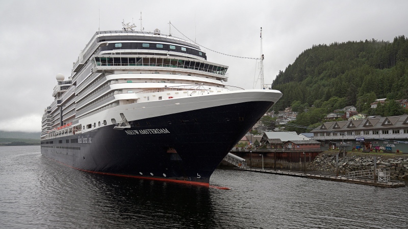 The Holland America Line cruise ship Nieuw Amsterdam is docked on Thursday, Aug. 5, 2021, at Berth 4 in Ketchikan, Alaska. (Dustin Safranek/Ketchikan Daily News via AP)