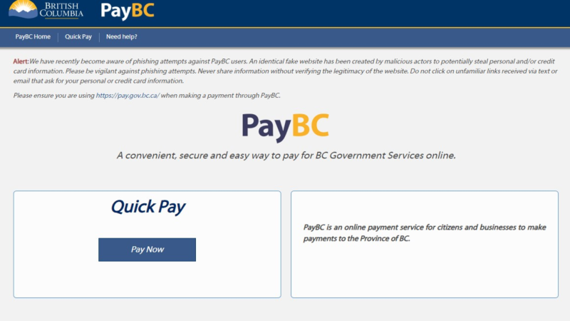 A screenshot of the PayBC website, which has a waring on it about a scam, was taken on March 24, 2024. (Credit: pay.gov.bc)
