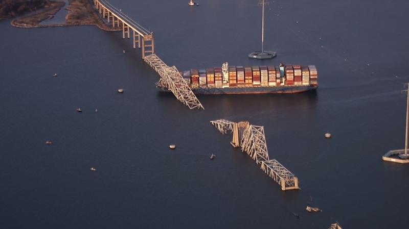 Pictured is the Dali container vessel after striking the Francis Scott Key Bridge that collapsed into the Patapsco River in Baltimore, Maryland, on March 26. (WBAL via CNN Newsource)