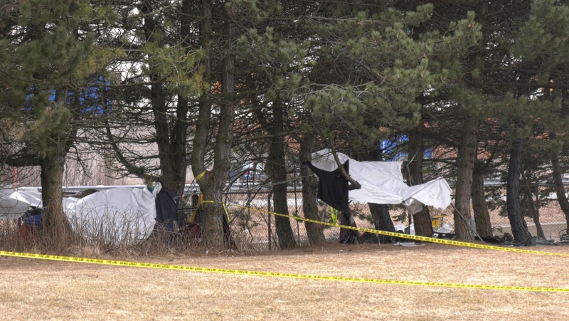 The scene of a tent fire in Saint John on March 26, 2024, where two people died the day before. (Source: Nick Moore/CTV News Atlantic)