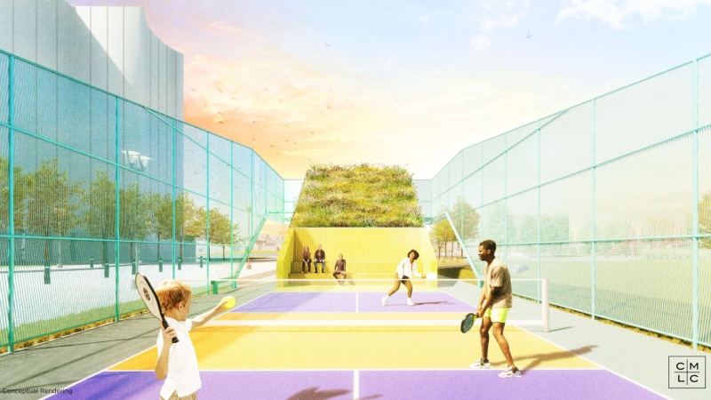 Renderings from Public City show a new pickleball court and public washroom that will be built in the East Village in Calgary. (CMLC) 