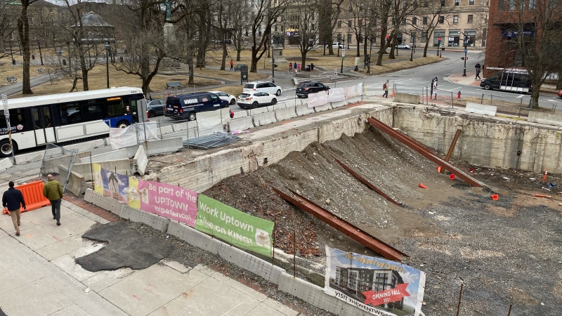 The section of Charlotte Street above the former Woolworth’s site cannot have any work started until something is done about the giant pit. (Avery MacRae/CTV Atlantic)