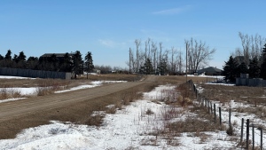 An unmarked RCMP vehicle sits outside the entrance to a rural property near Neudorf, Sask. (Sierra D'Souza Butts/CTV News)