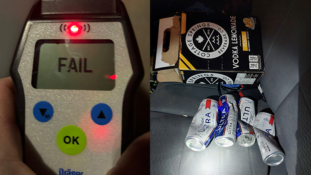 Ontario Provincial Police posted to social media an image of a fail on a roadside screening test and a bunch of open cans on a vehicle seat on Tues., March 26, 2024. (Source: OPP/X)