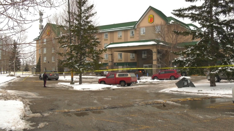 Calgary police investigate a homicide at the Super 8 in the 0-100 block of Shawville Road S.E. on Monday, March 26, 2024. 