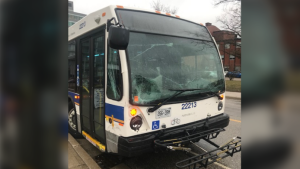 A damaged GRT bus after a collision on Duke Street in Kitchener on March 26, 2024. (Dave Pettitt/CTV Kitchener)