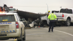 The drivers of two semi-trucks were killed in a crash on Highway 825 on March 26, 2024. (Darcy Seaton/CTV News Edmonton)